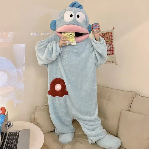 Anime Hangyodon Women Coral Fleece Jumpsuit Pajamas Cartoon Funny Couple Nightgown Long Style Thickening Cute Household Clothes
